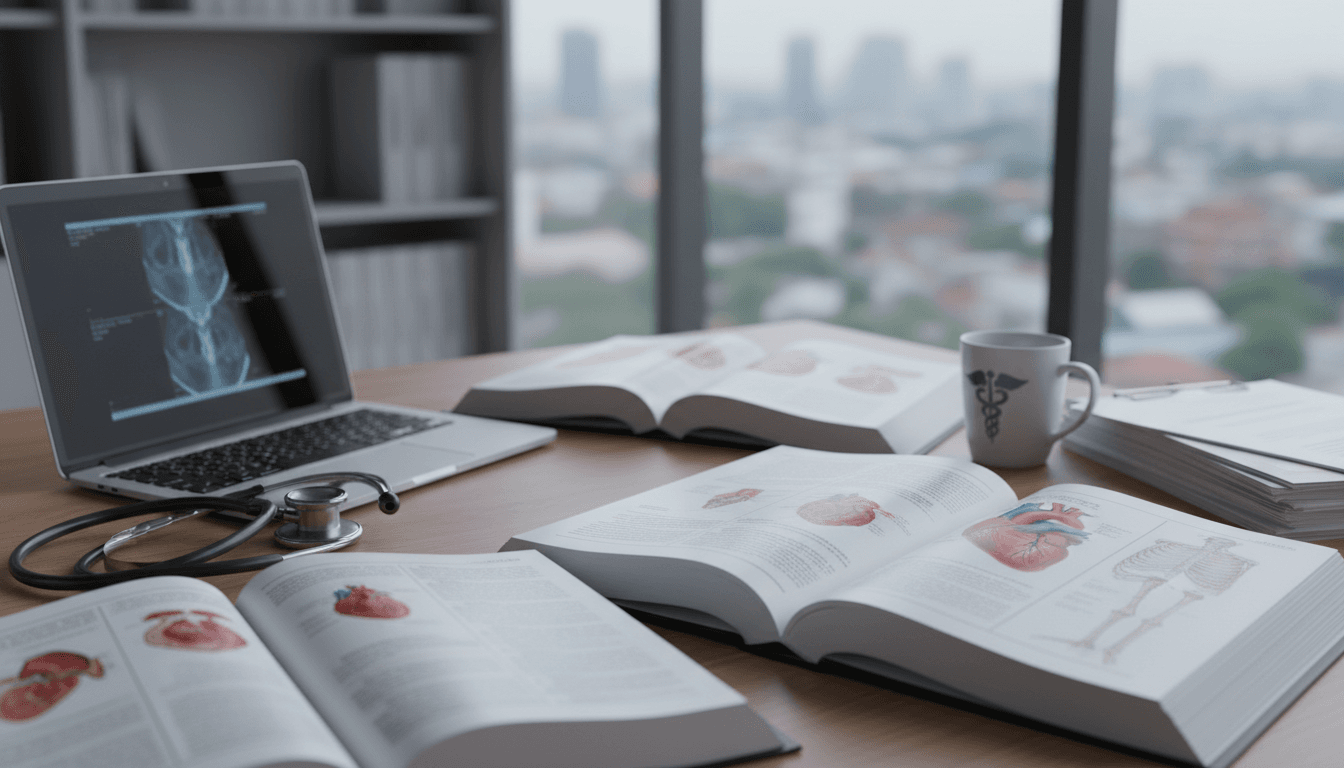 Open medical textbook with laptop and stethoscope on a desk