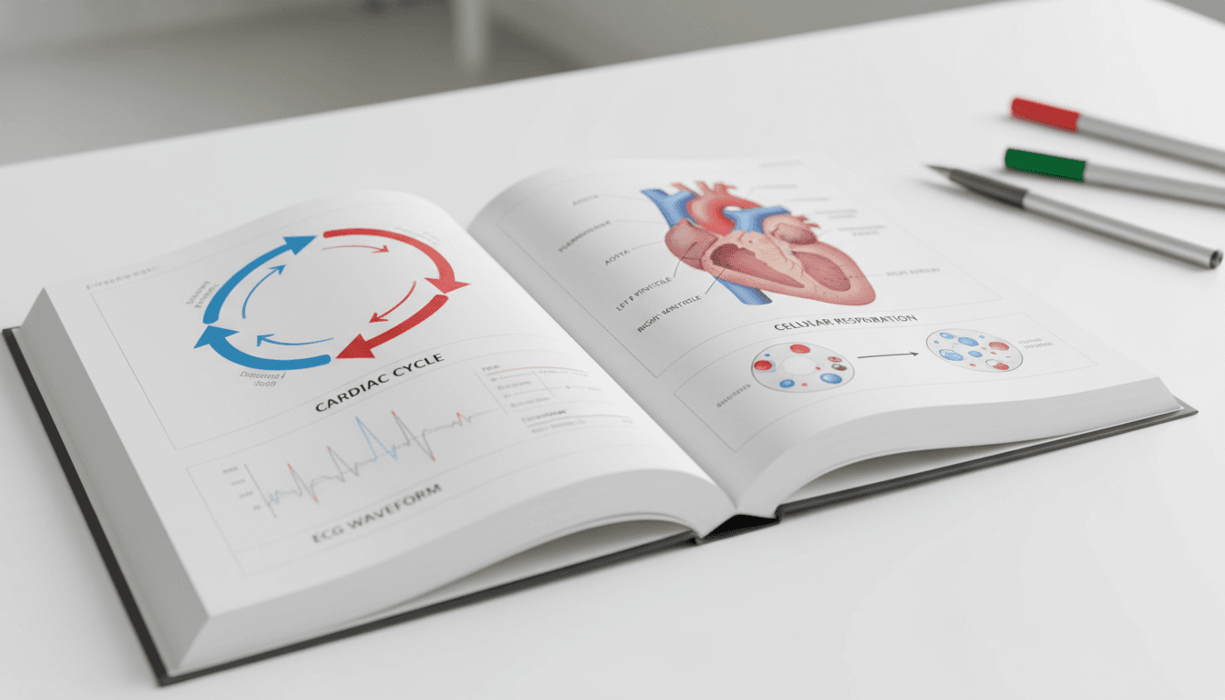 Open medical textbook with anatomical charts on a clean desk