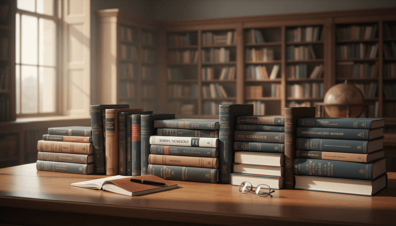 Stacked medical textbooks and academic journals on a library desk