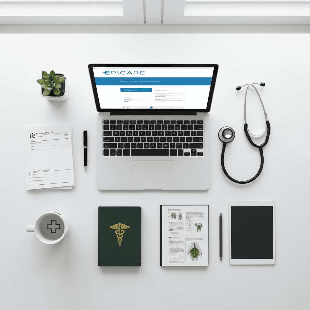Open medical textbook on a desk with a stethoscope and laptop