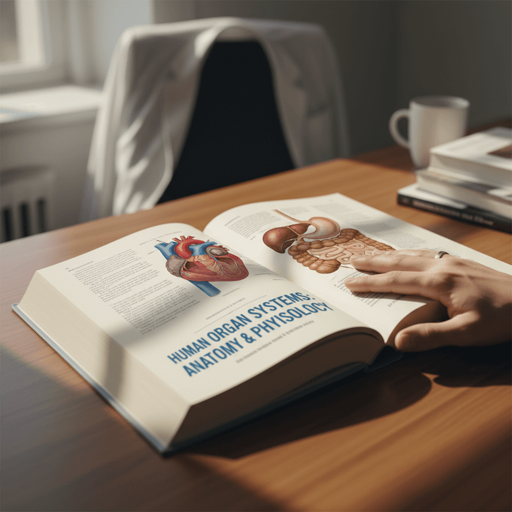 Open medical textbook with detailed anatomical diagrams on a clean desk