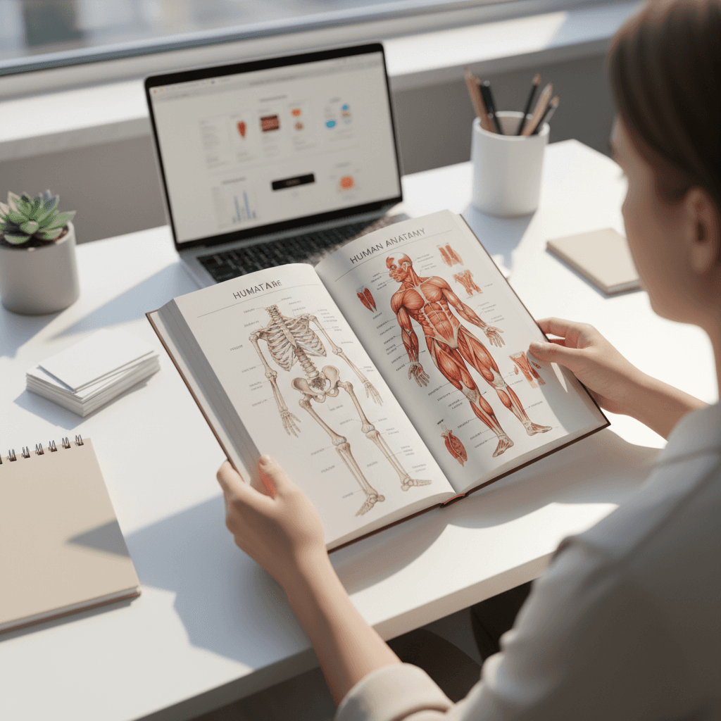Open medical textbook with detailed diagrams on a clean desk
