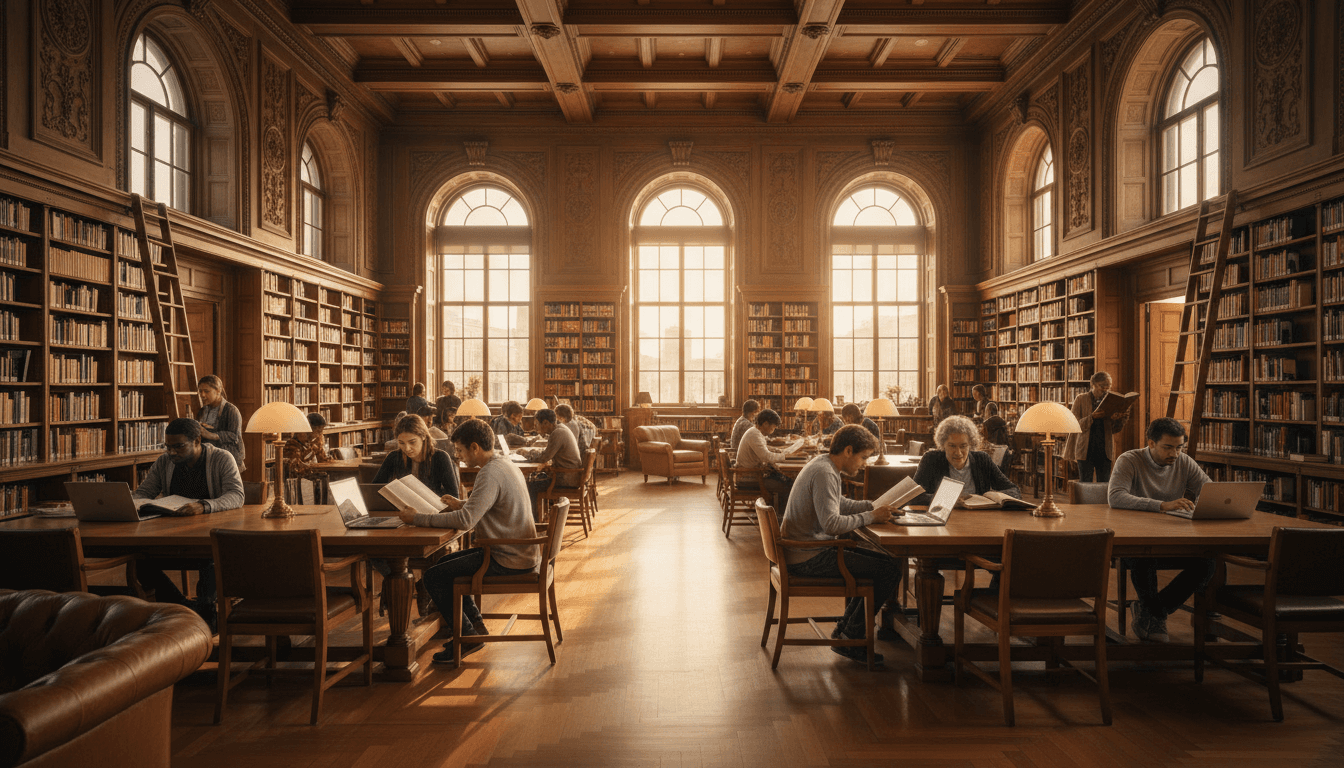 Academic library reading room with rows of books