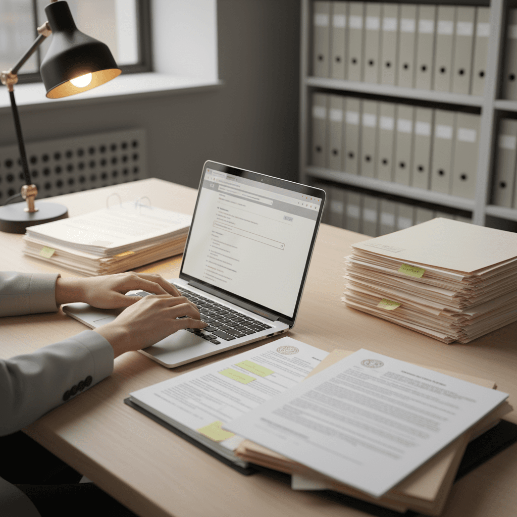 Medical researcher reviewing documents in a bright, professional setting
