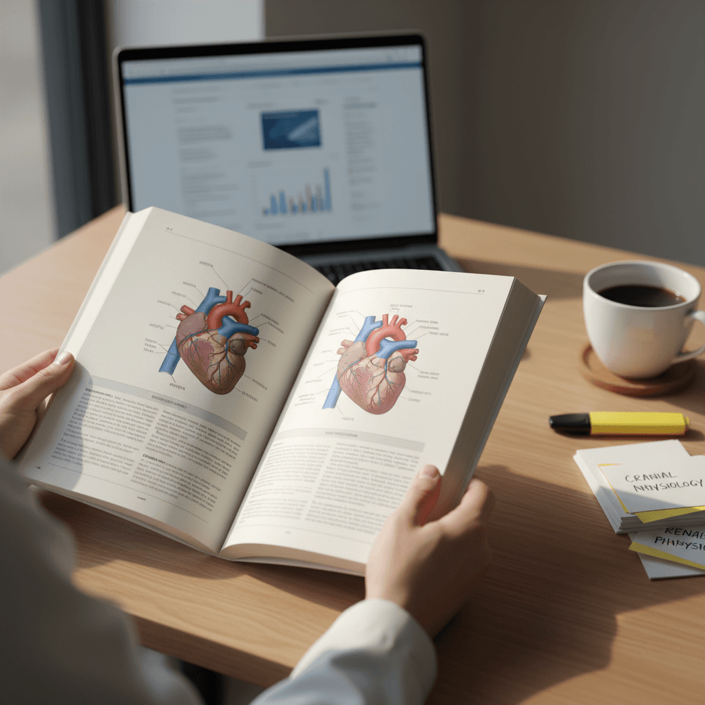Open medical textbook with a stethoscope placed on top, in a dimly lit academic environment