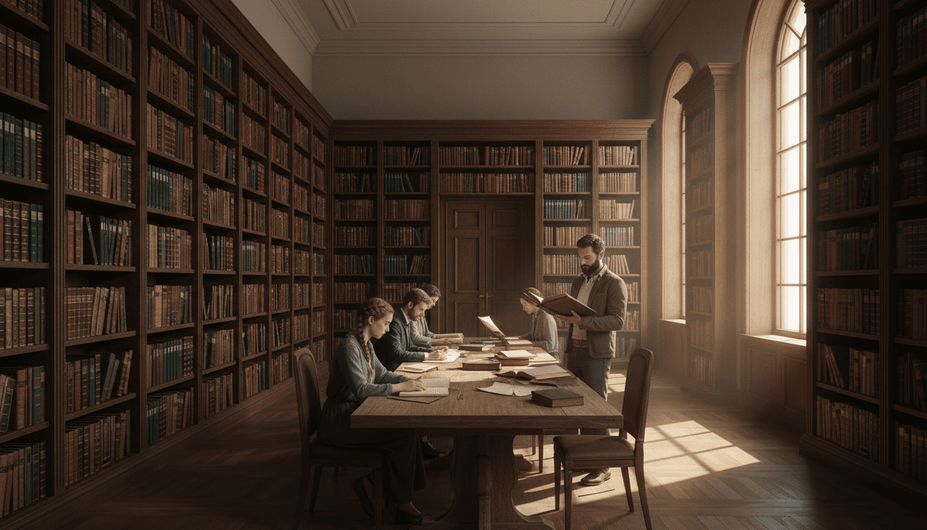 Academic library with medical textbooks on wooden shelves