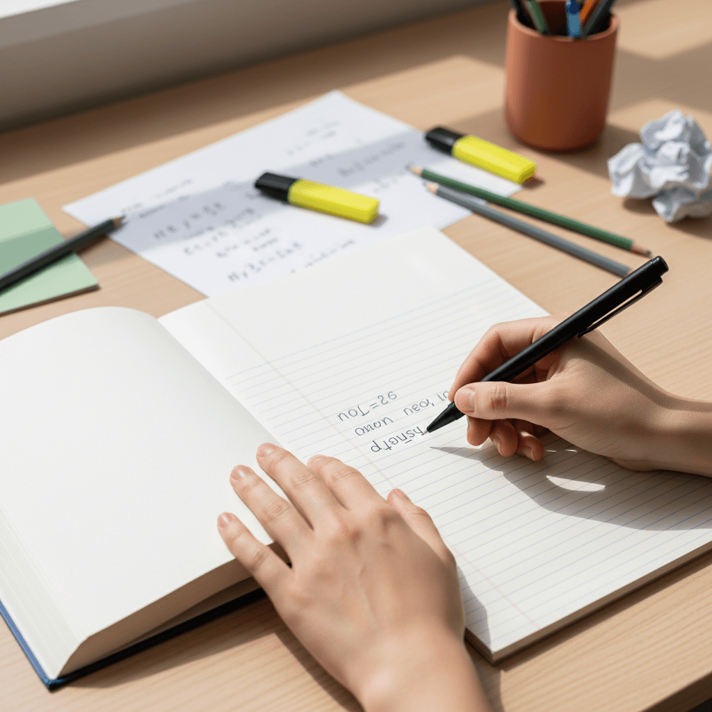 Graduate student writing notes beside a medical reference book in a bright library