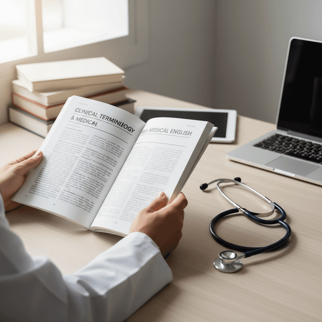 Open medical textbook with clinical reference materials on a clean desk