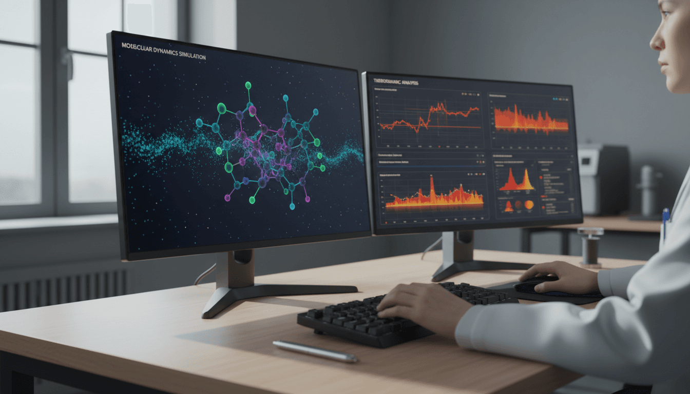 Medical researcher reviewing molecular model on a digital display