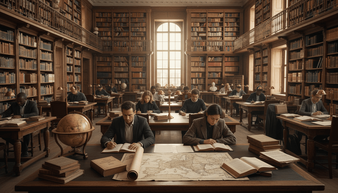 Graduate students studying in a medical library